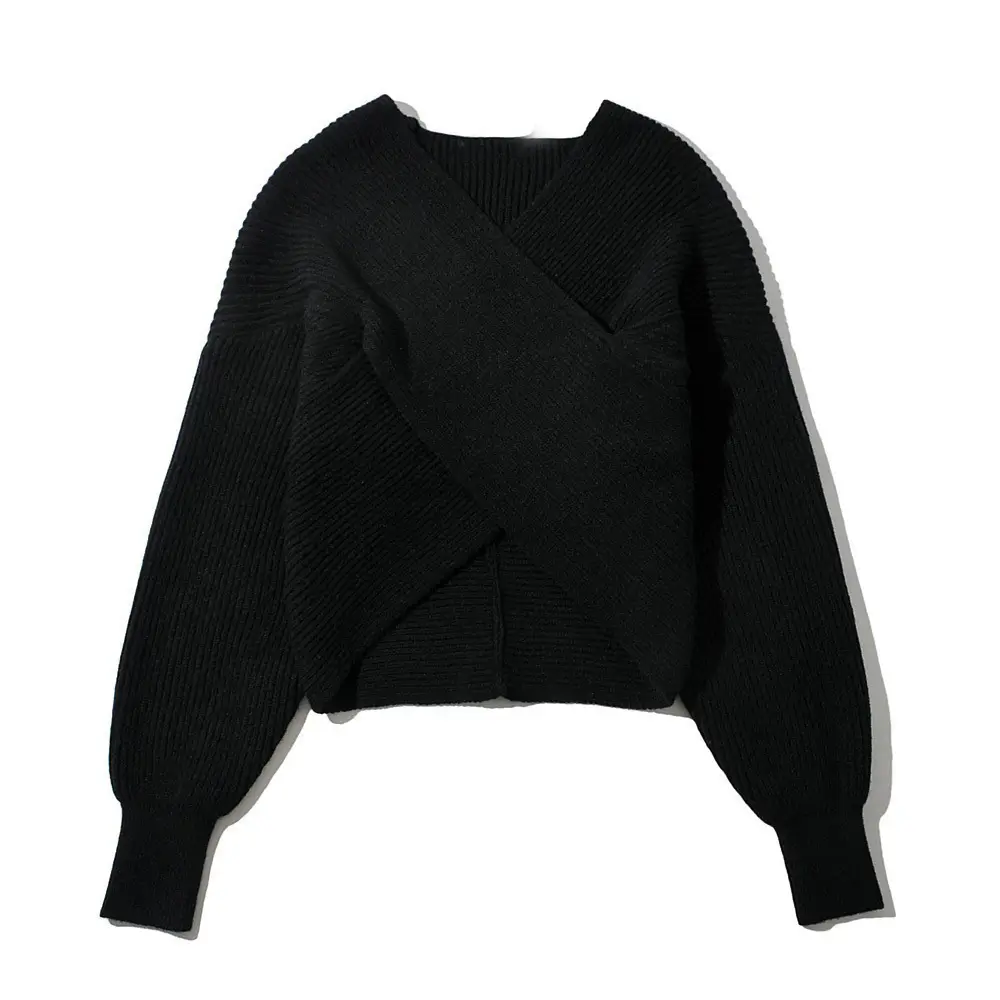 White Cross Neck Knitted V Neck Sweater Long Sleeve — feature 29