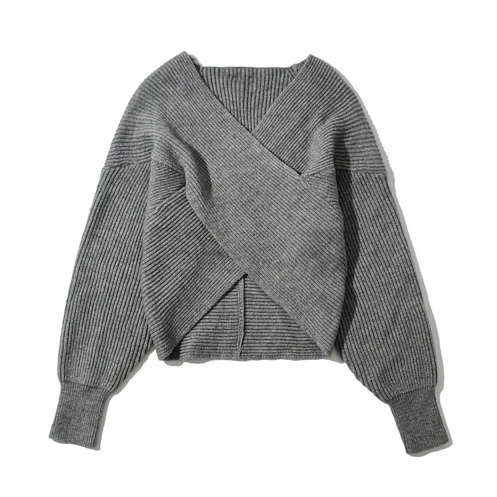 White Cross Neck Knitted V Neck Sweater Long Sleeve — feature 30
