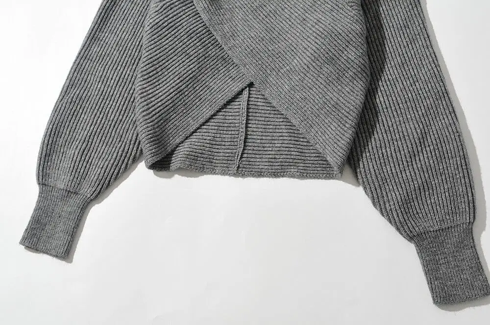 White Cross Neck Knitted V Neck Sweater Long Sleeve — feature 33