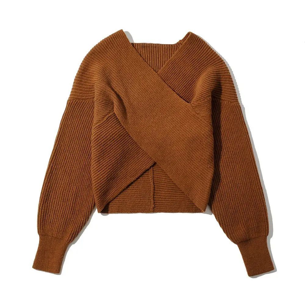 White Cross Neck Knitted V Neck Sweater Long Sleeve — feature 37