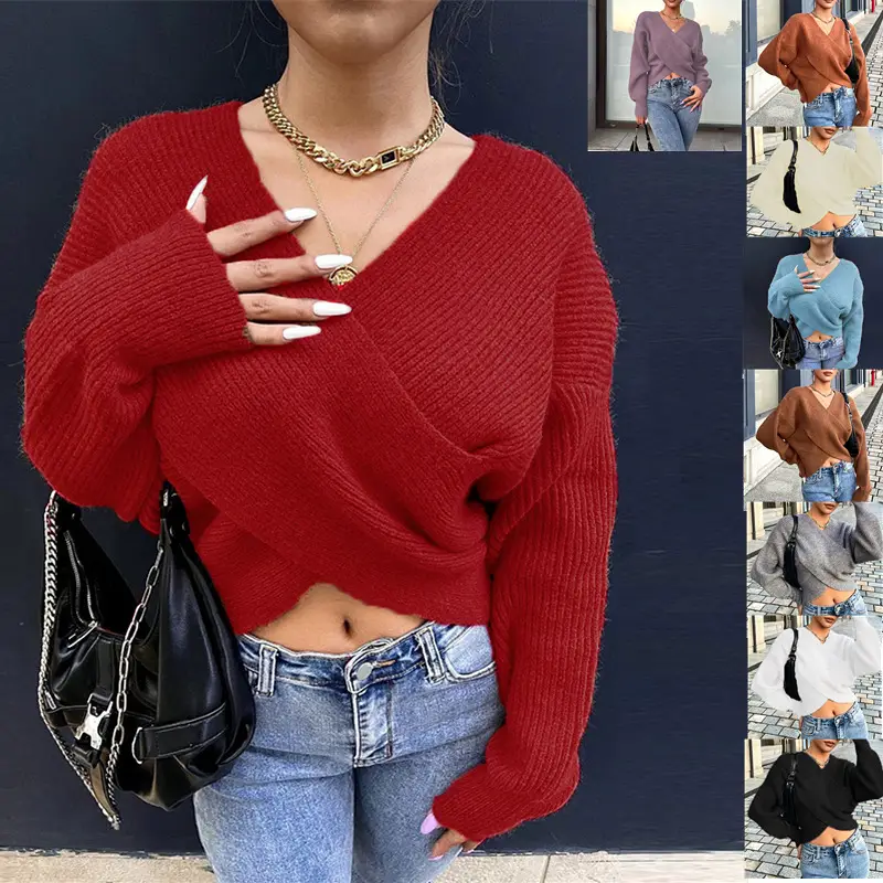 White Cross Neck Knitted V Neck Sweater Long Sleeve — feature 4