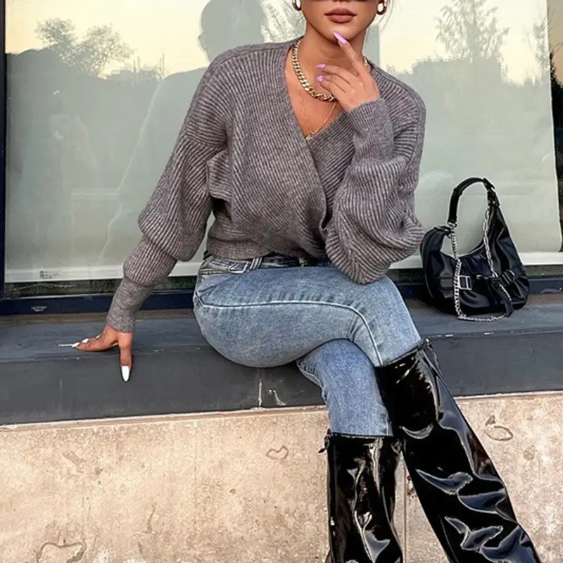 White Cross Neck Knitted V Neck Sweater Long Sleeve — feature 7