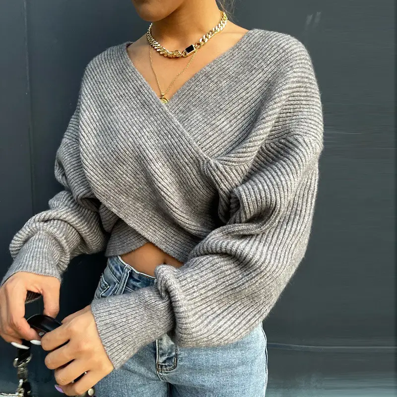 White Cross Neck Knitted V Neck Sweater Long Sleeve — feature 9