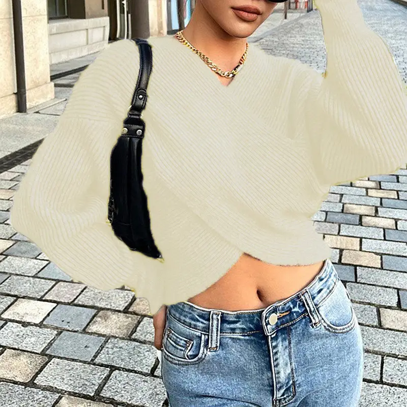 White Cross Neck Knitted V Neck Sweater Long Sleeve - Image 5