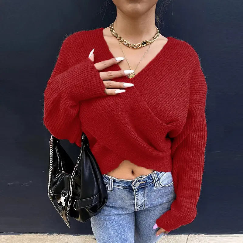 White Cross Neck Knitted V Neck Sweater Long Sleeve - Image 7