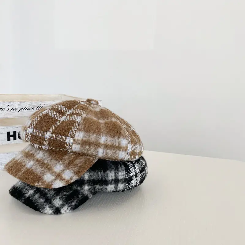 Black Plaid Woolen Hexagonal Cap for Girls