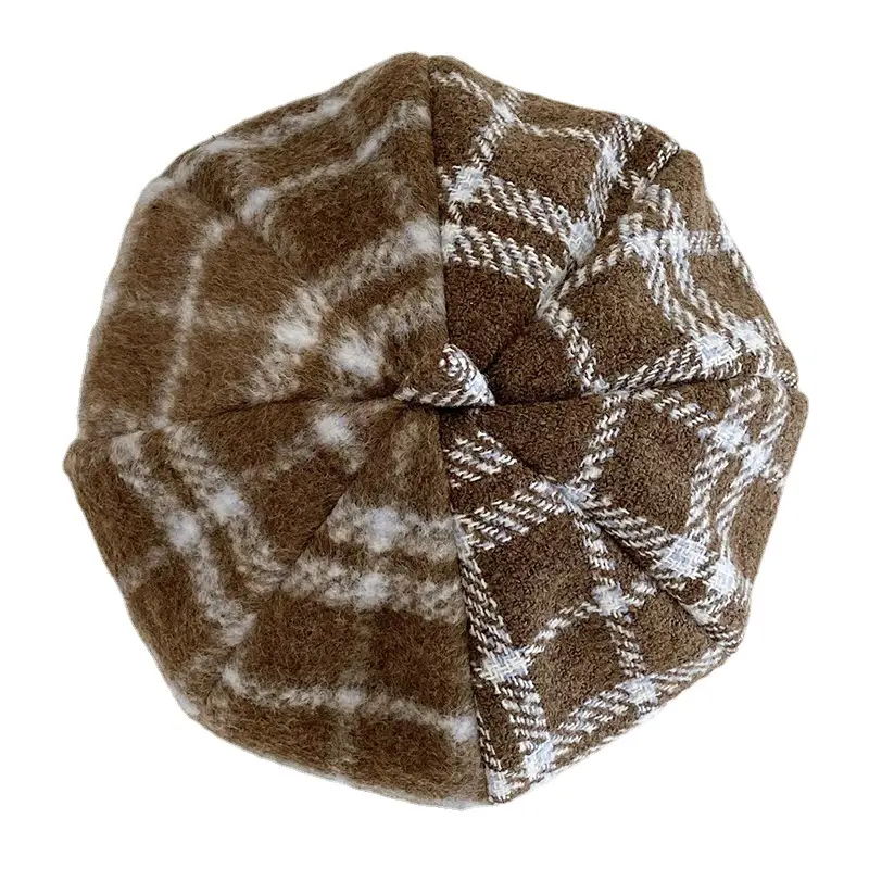 Black Plaid Woolen Hexagonal Cap for Girls
