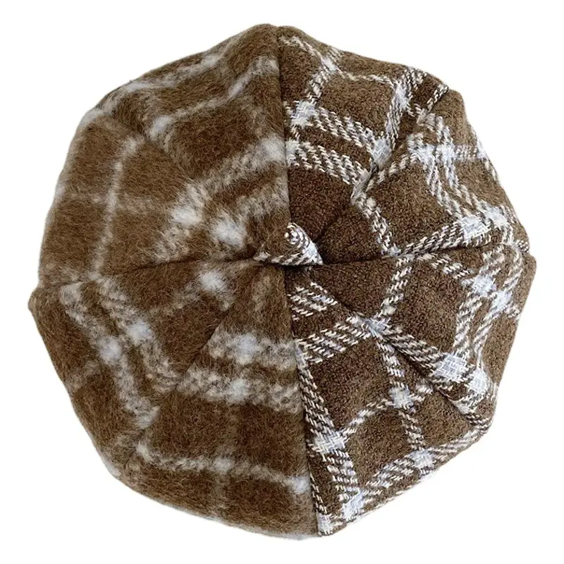 Black Plaid Woolen Hexagonal Cap for Girls