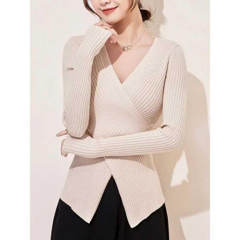 Women Knitted V-neck Sweater Long Sleeve Beige - Image 9