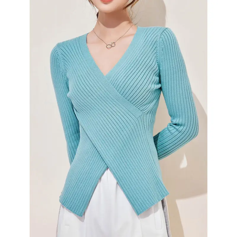 Women Knitted V-neck Sweater Long Sleeve Beige - Image 10