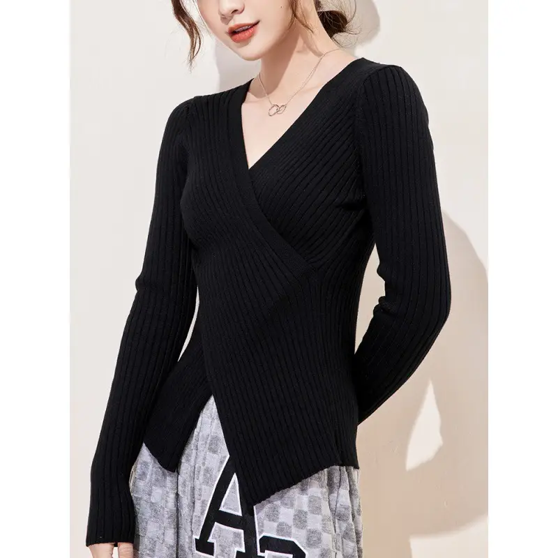Women Knitted V-neck Sweater Long Sleeve Beige - Image 11