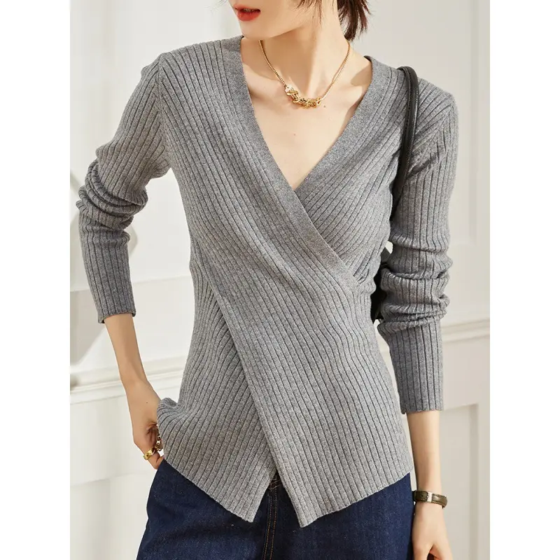Women Knitted V-neck Sweater Long Sleeve Beige - Image 12