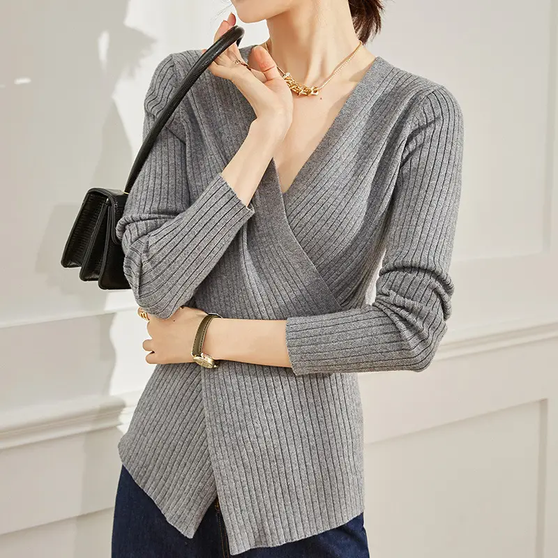 Women Knitted V-neck Sweater Long Sleeve Beige - Image 2