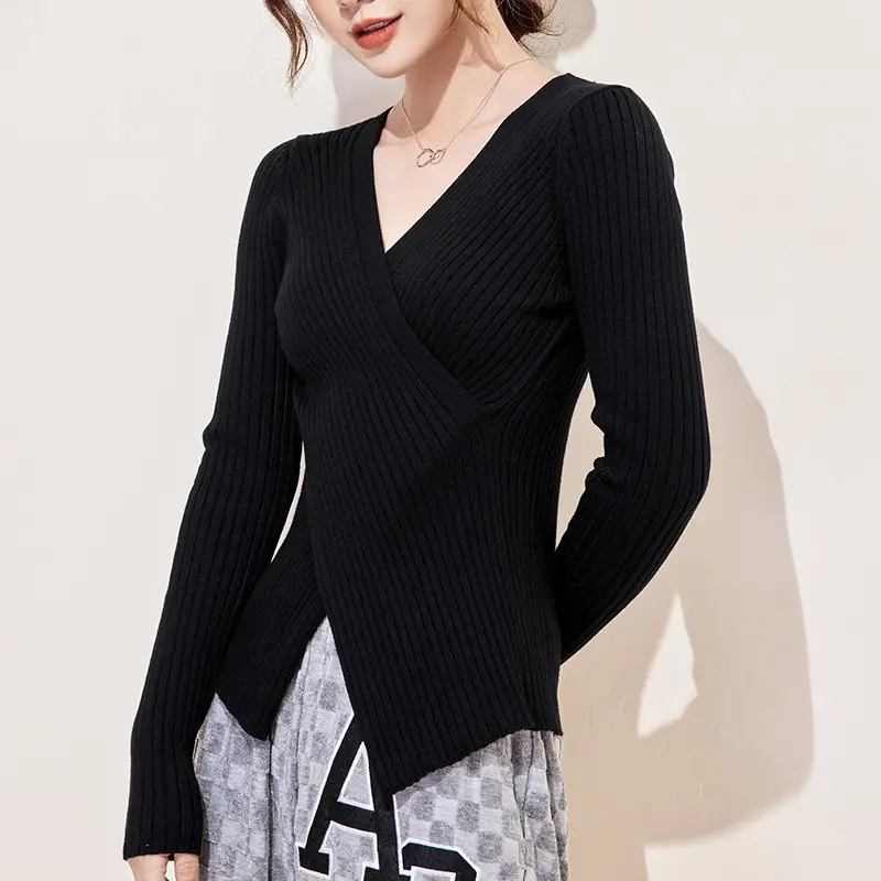 Women Knitted V-neck Sweater Long Sleeve Beige - Image 3