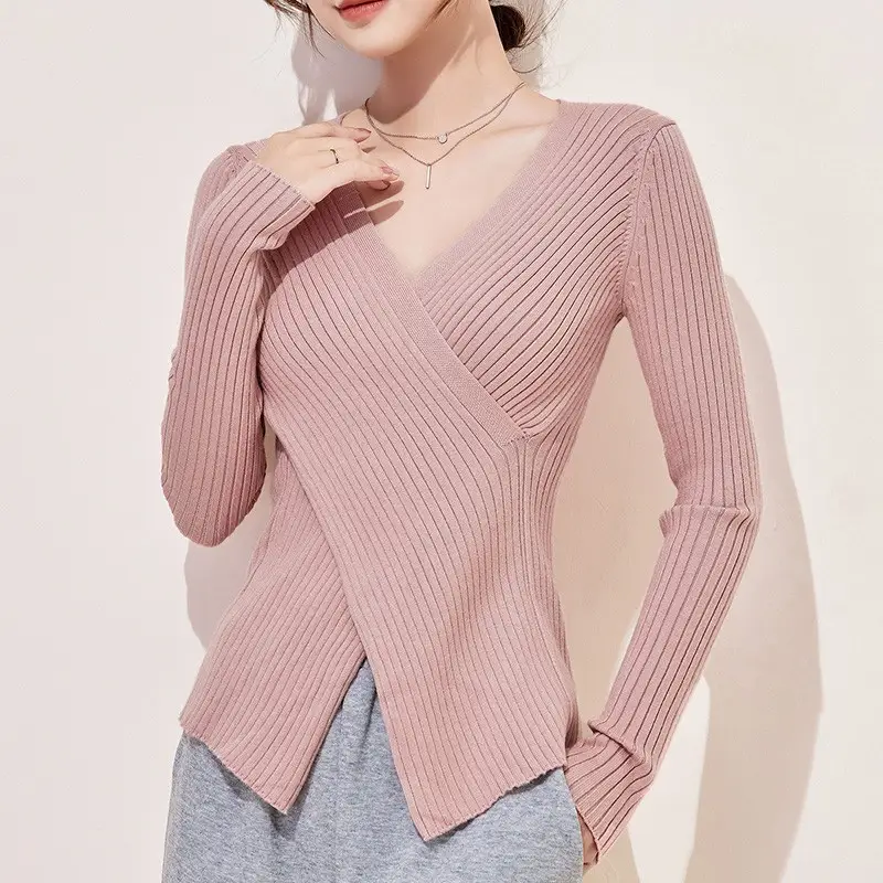 Women Knitted V-neck Sweater Long Sleeve Beige - Image 4