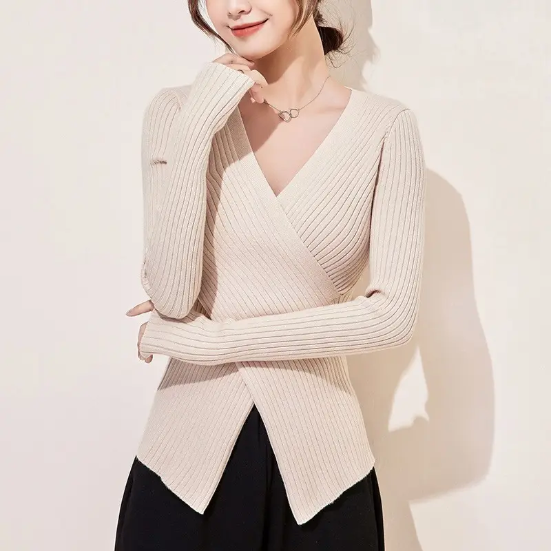 Women Knitted V-neck Sweater Long Sleeve Beige - Image 5