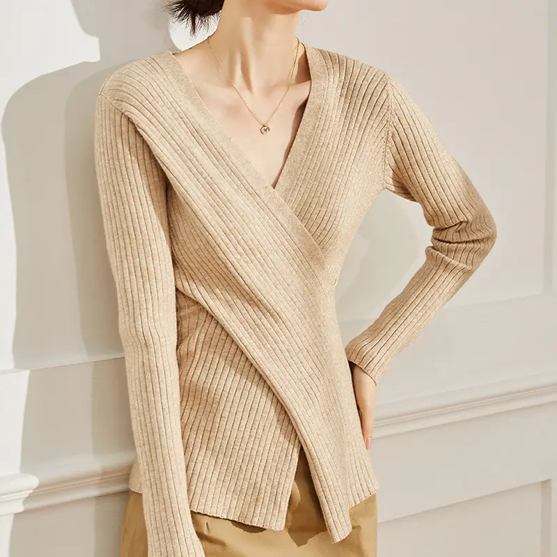 Women Knitted V-neck Sweater Long Sleeve Beige - Image 6