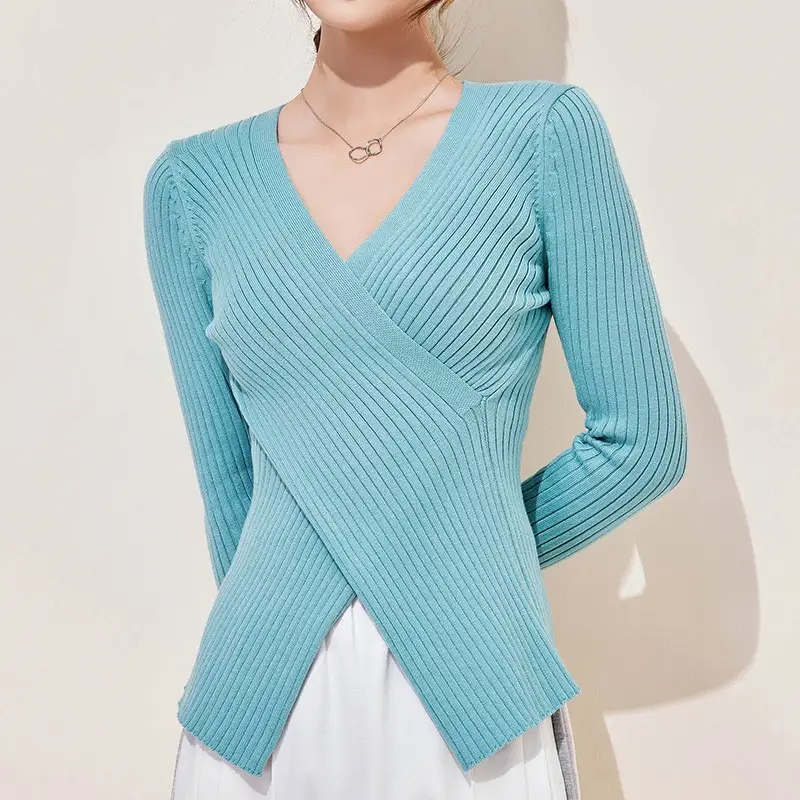 Women Knitted V-neck Sweater Long Sleeve Beige - Image 7