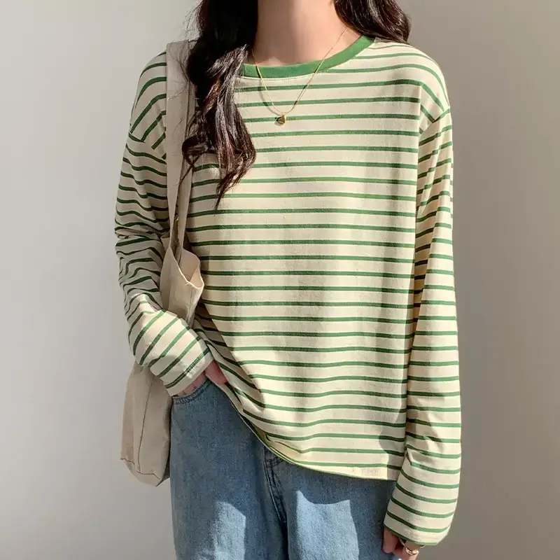 Women Striped Long Sleeve T-Shirt Green Cotton 2026