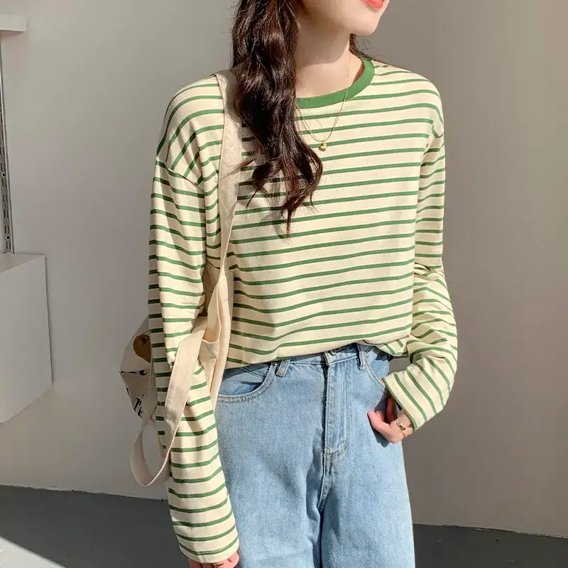 Women Striped Long Sleeve T-Shirt Green Cotton 2026