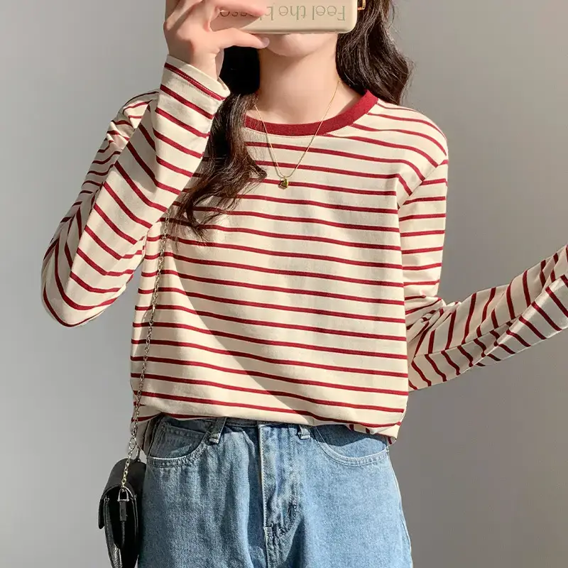 Women Striped Long Sleeve T-Shirt Green Cotton 2026