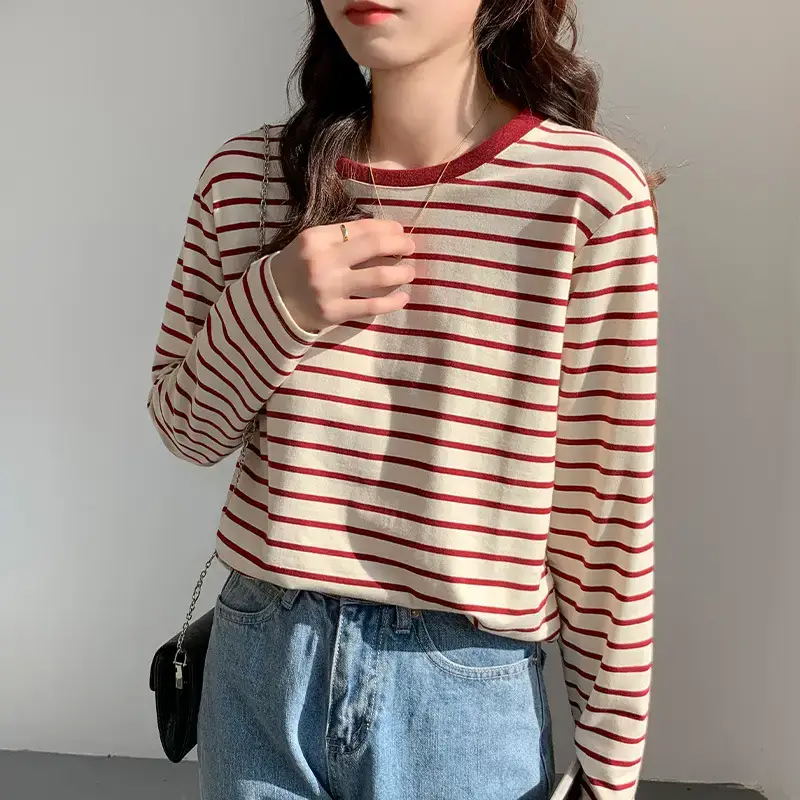 Women Striped Long Sleeve T-Shirt Green Cotton 2026