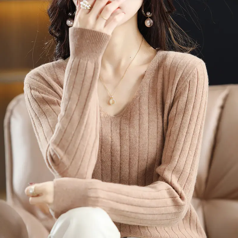 Women V-Neck Red Knit Pullover Sweater - Image 2