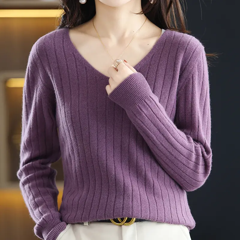 Women V-Neck Red Knit Pullover Sweater - Image 3