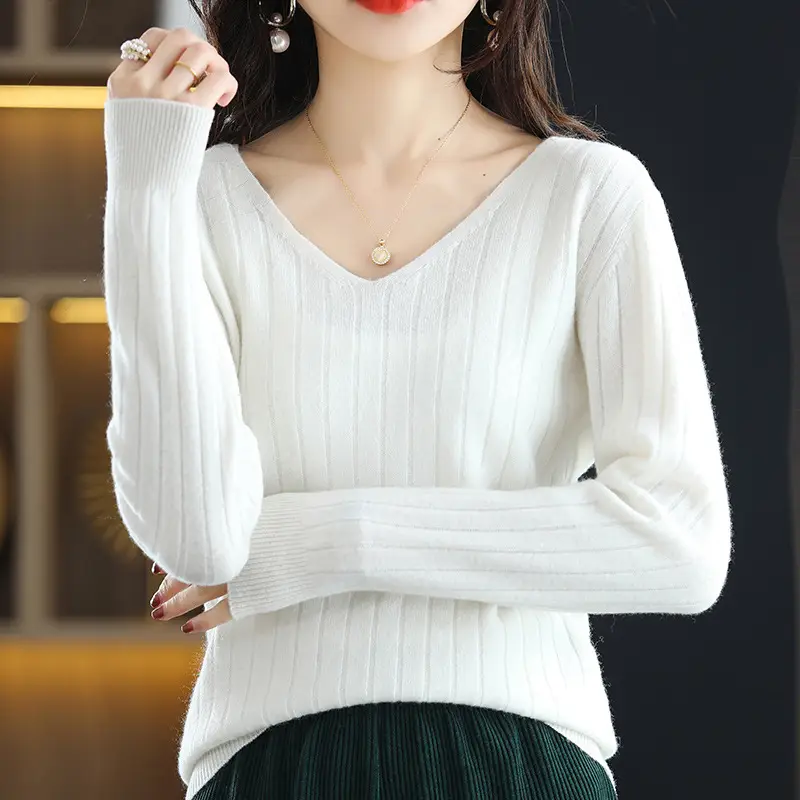 Women V-Neck Red Knit Pullover Sweater - Image 4