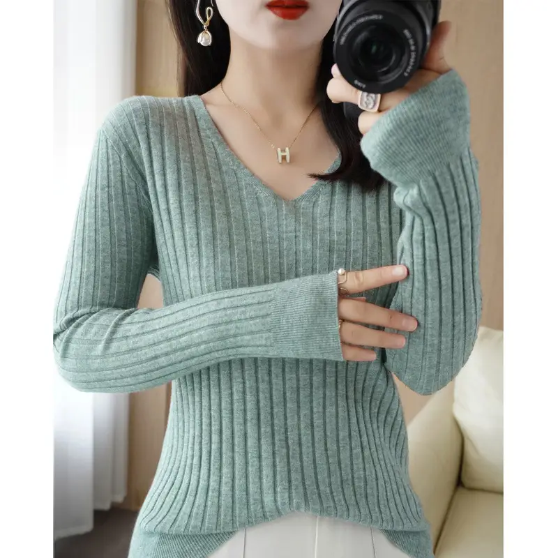 Women V-Neck Red Knit Pullover Sweater - Image 5
