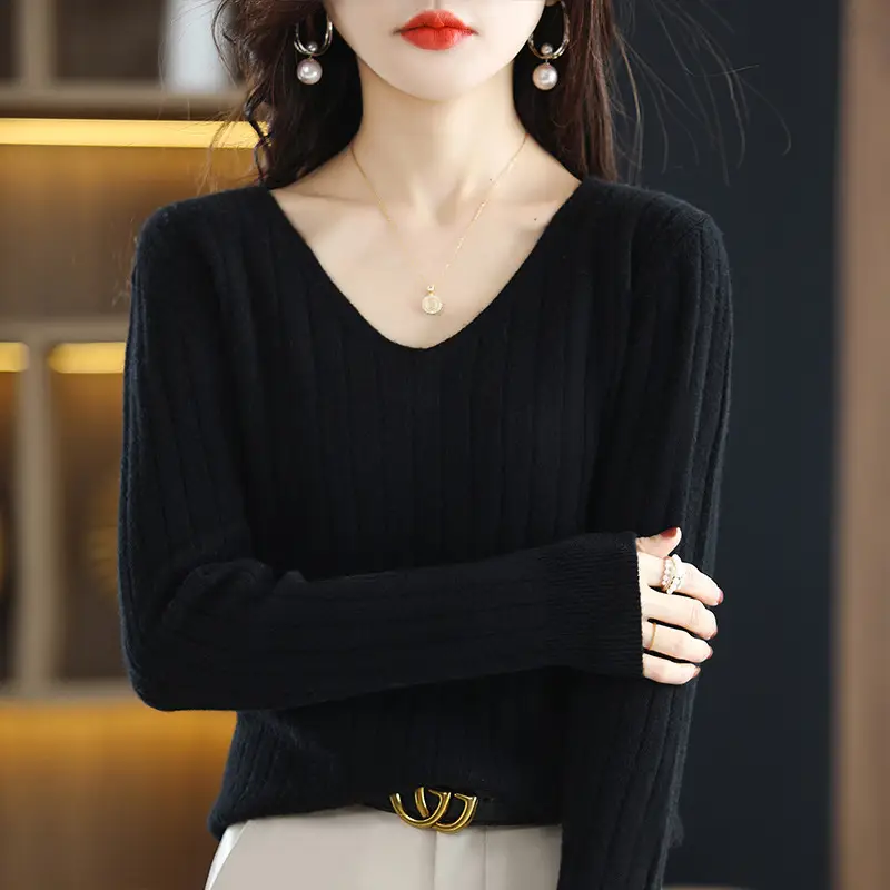 Women V-Neck Red Knit Pullover Sweater - Image 6