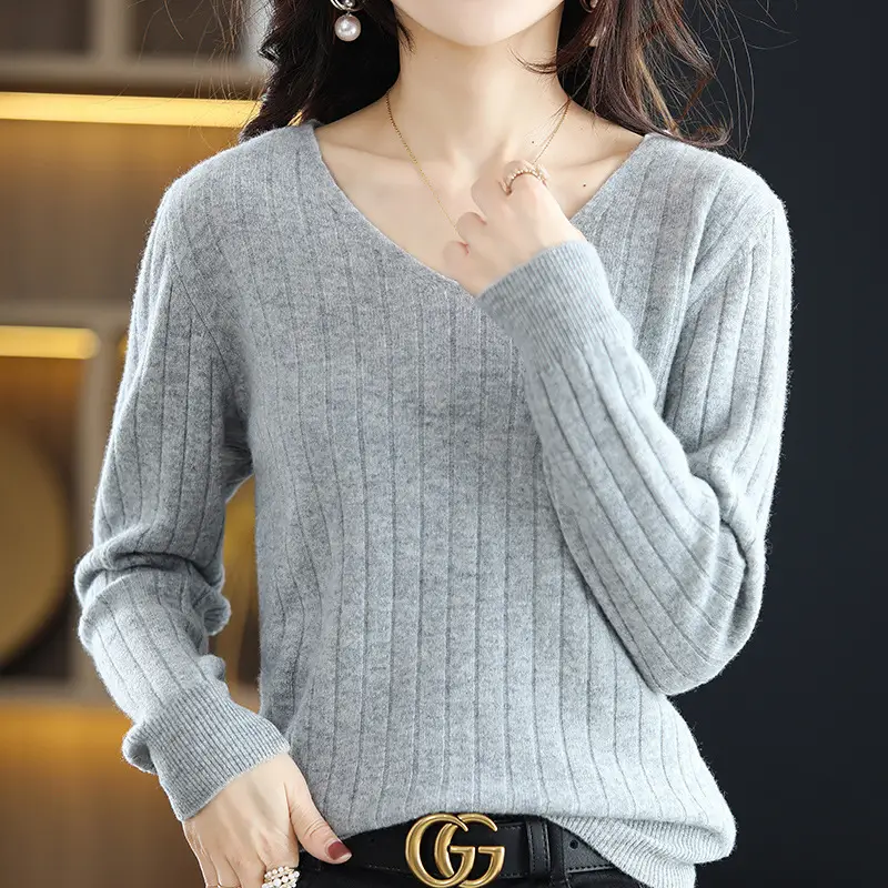 Women V-Neck Red Knit Pullover Sweater - Image 8