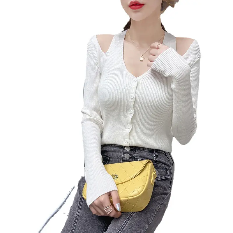 Women's White Long Sleeve V-Neck Top with Shoulder Cutouts - Image 8