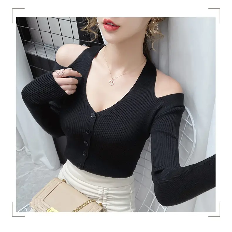 Women's White Long Sleeve V-Neck Top with Shoulder Cutouts — feature 13