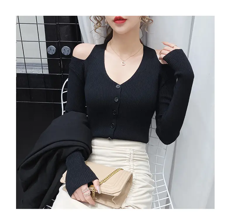 Women's White Long Sleeve V-Neck Top with Shoulder Cutouts — feature 14