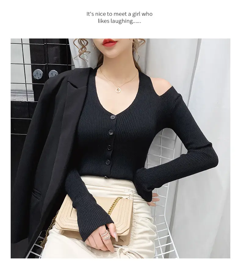 Women's White Long Sleeve V-Neck Top with Shoulder Cutouts — feature 15