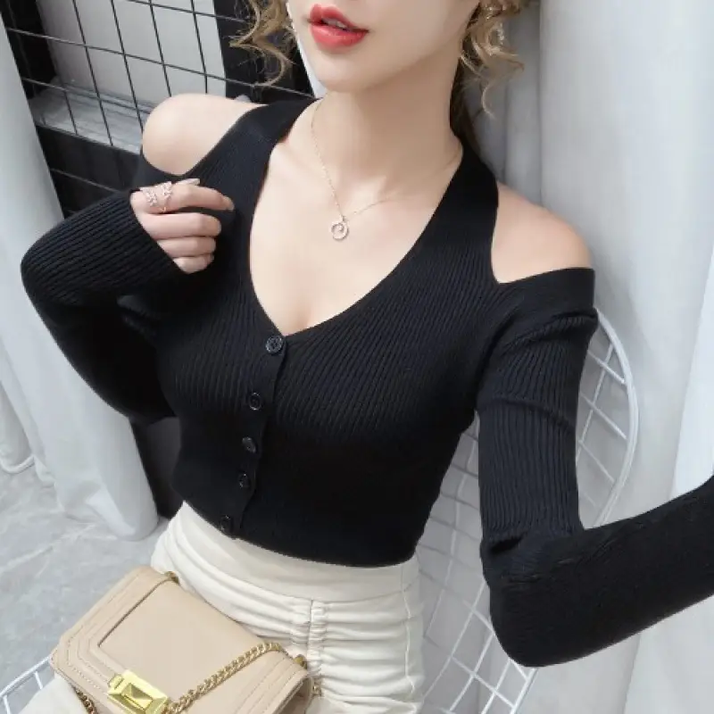 Women's White Long Sleeve V-Neck Top with Shoulder Cutouts - Image 2
