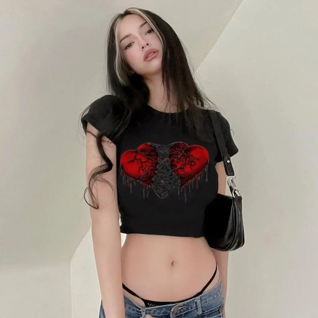Black Printed T-Shirt with Heart Design for Women - Image 5