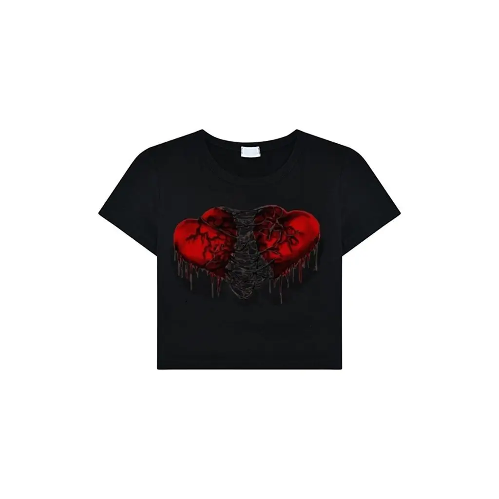 Black Printed T-Shirt with Heart Design for Women - Image 6
