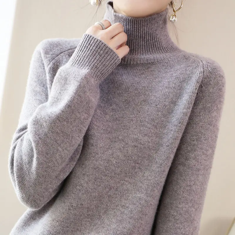 Women's Purple High-Neck Knit Sweater Long Sleeve - Image 17