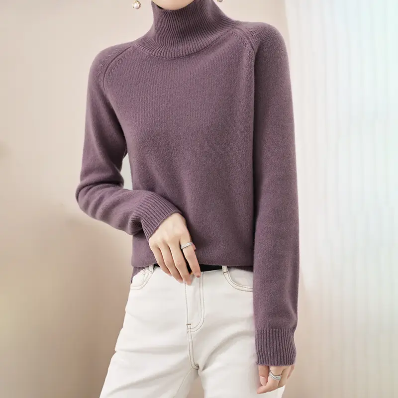 Women's Purple High-Neck Knit Sweater Long Sleeve - Image 12