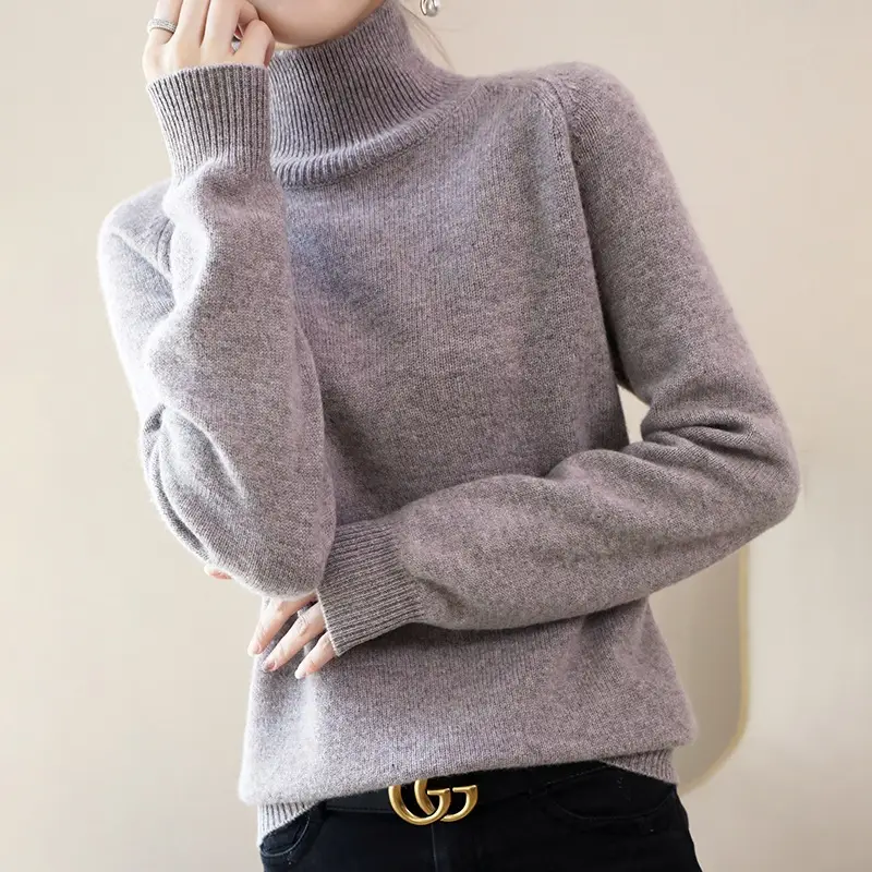 Women's Purple High-Neck Knit Sweater Long Sleeve - Image 4