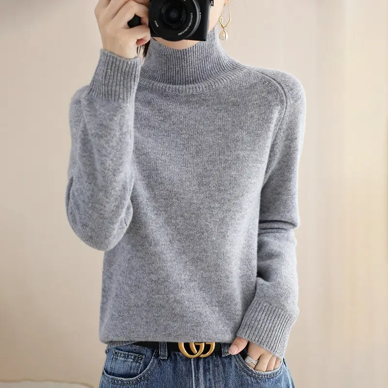 Women's Purple High-Neck Knit Sweater Long Sleeve - Image 7