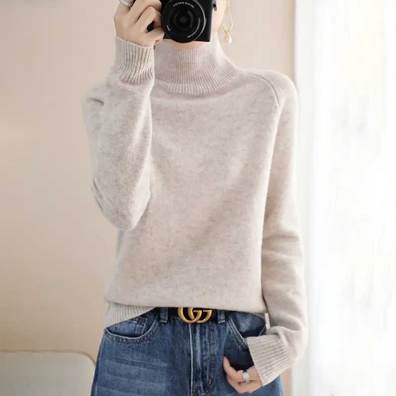 Women's Purple High-Neck Knit Sweater Long Sleeve - Image 9