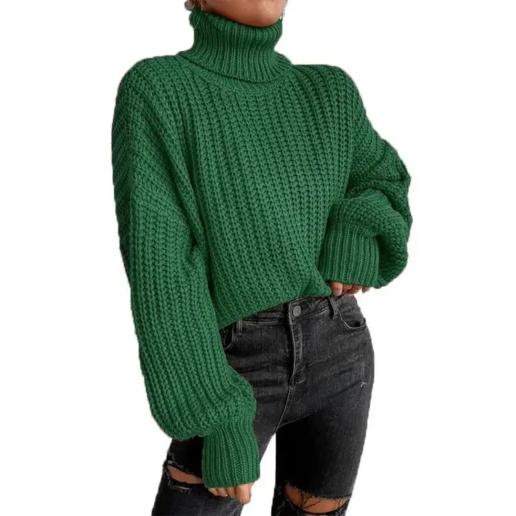 Women Knitted Turtleneck Sweater Beige Long Sleeve