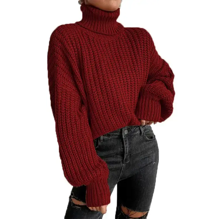 Women Knitted Turtleneck Sweater Beige Long Sleeve