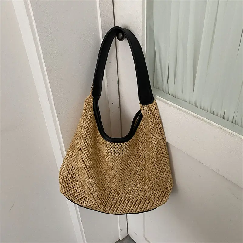 Women's Handheld Straw Bag with Leather Strap