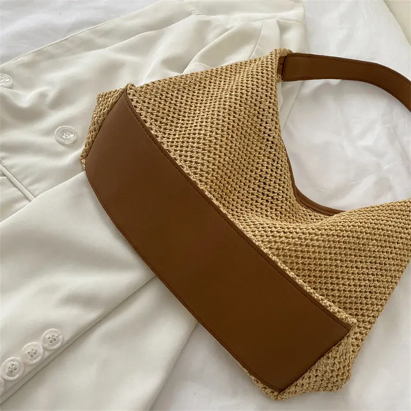 Women's Handheld Straw Bag with Leather Strap