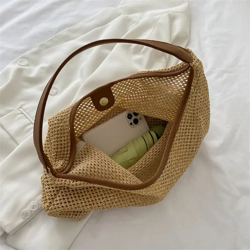 Women's Handheld Straw Bag with Leather Strap