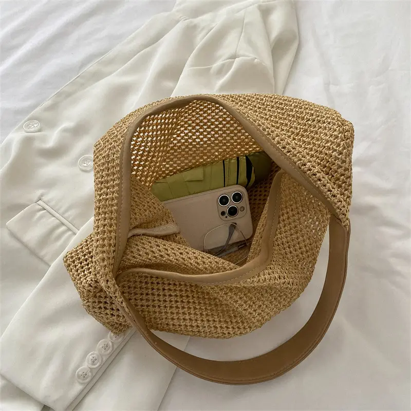 Women's Handheld Straw Bag with Leather Strap